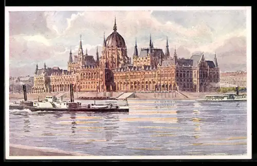 Künstler-AK Rudolf Schmidt: Budapest, Országház, Parlament, Dampfer