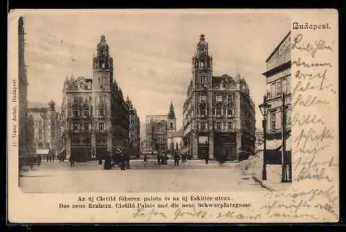 AK Budapest, Neues Erzherz. Clotild-Palais und die neue Schwurplatzgasse