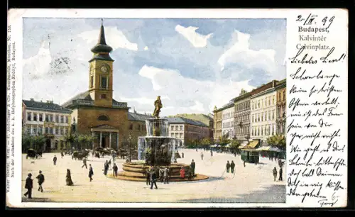 AK Budapest, Calvinplatz mit Brunnen