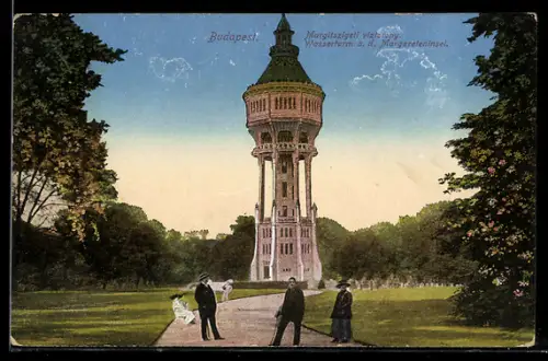 AK Budapest, Margitszigeti viztorony, Wasserturm an der Margareteninsel, Spaziergänger