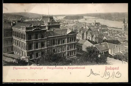 AK Budapest, Obergymnasium und Margaretheninsel