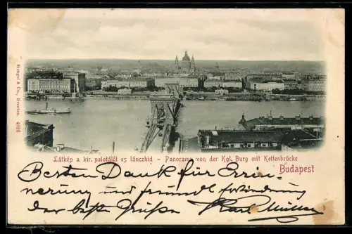 AK Budapest, Panorama von der königlichen Burg mit Kettenbrücke