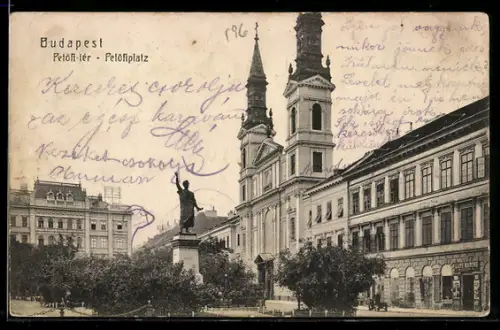 AK Budapest, Petöfiplatz mit Standbild