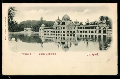 AK Budapest, Herrschaftliches Gebäude am Stadtwäldchenteich