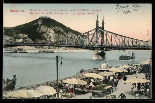 AK Budapest, Donaubild mit Blicksberg und Franz Josefs-Brücke