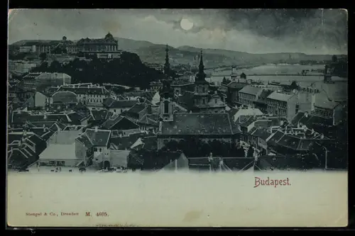 Mondschein-AK Budapest, Stadtpanorama mit Donaustrom
