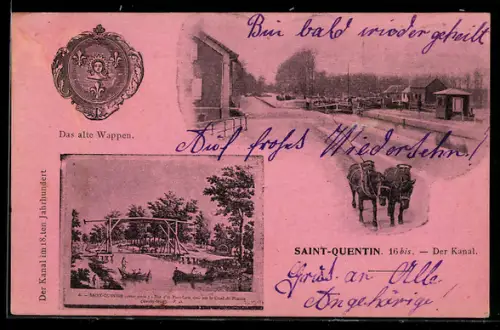 AK Saint-Quentin, Kanal mit Lastkahn und Treidelpferden bei der Arbeit, Altes Wappen