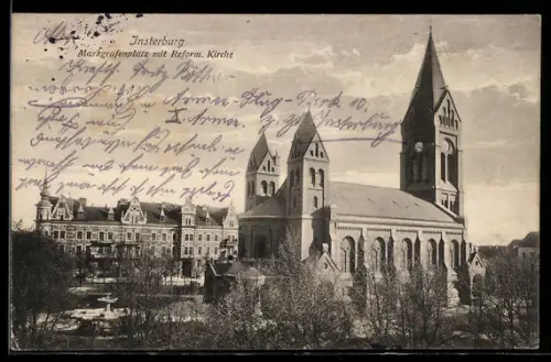 AK Insterburg, Markgrafenplatz mit Reformierter Kirche