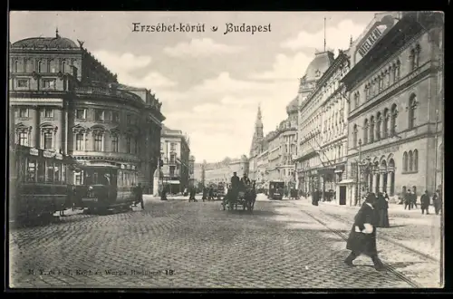 AK Budapest, Erzsébet-körut, Strassenbahn