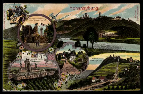 Lithographie Hohensyburg, Ruine Hohensyburg und Vinkerturm, Kaiser-Wilhelm-Denkmal
