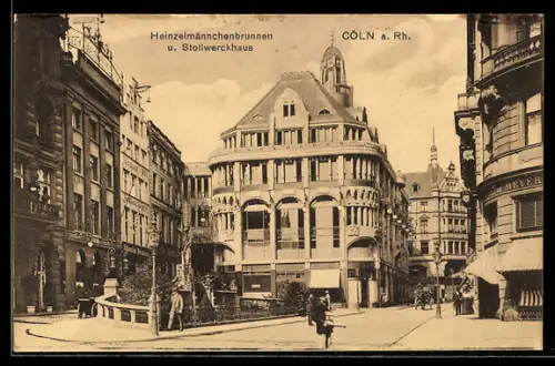 AK Köln, Heinzelmännchenbrunnen u. Stollwerckhaus