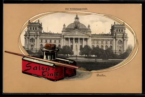 Lithographie Berlin-Tiergarten, Reichstagsgebäude, Tintenfass mit Federhalter, Passepartout