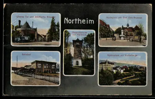 AK Northeim, Bahnhof, Aussichtsturm, Marktplatz mit Graf Otto-Brunnen, Gymnasium mit Wieterberge, Städtische Brauerei