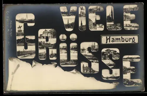 AK Hamburg, Teilansichten im Schriftzug Viele Grüsse