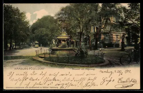 AK Hamburg-Rotherbaum, Brunnen in Pöseldorf, Am Mittelweg, Strassenbahn