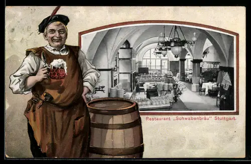 AK Stuttgart, Restaurant Schwabenbräu, Innenansicht, Mann mit Bierglas