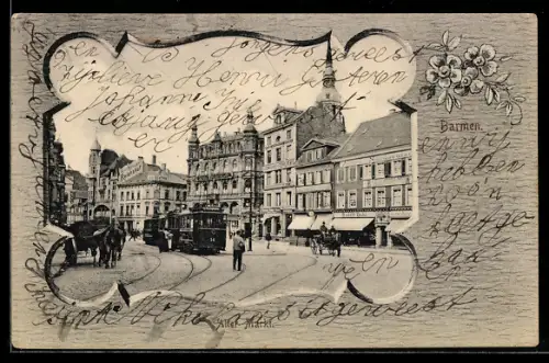 Lithographie Barmen, Alter Markt mit Geschäften und Strassenbahn, Passepartout