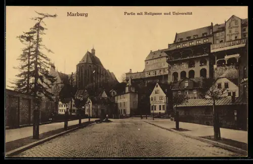 AK Marburg, Strasse Reitgasse mit Kirche und Universität