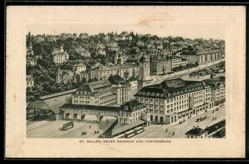 Künstler-AK St. Gallen, Neuer Bahnhof und Postgebäude