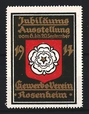 Reklamemarke Rosenheim, Jubiläumsausstellung 1914, weisse Rose auf rotem Wappen