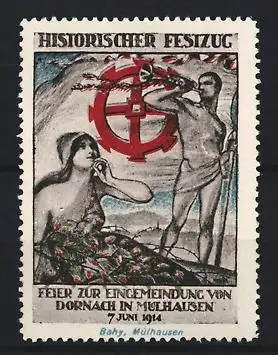Reklamemarke Mülhausen, Historischer Festzug 7.6.1914 zur Eingemeindung von Dornach