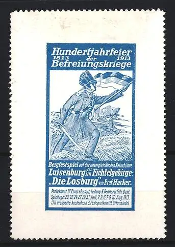 Reklamemarke Luisenburg, Hundertjahrfeier der Befreiungskriege 1913, Landsturmsoldat mit Fahne