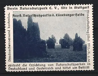 Reklamemarke Stuttgart, Verein Naturschutzpark e.V., Lüneburger Heide, Landschaftsansicht