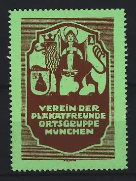 Künstler-Reklamemarke Emil Pirchan, München, Verein der Plakatfreunde, Löwe und Münchner Kindl