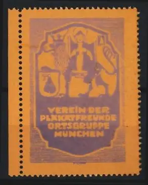 Künstler-Reklamemarke Emil Pirchan, München, Verein der Philatelistenfreunde, Wappen und Stadtmotiv