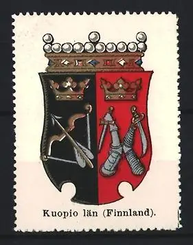 Reklamemarke Kuopio län, Finnland, Wappen mit Krone und Werkzeugen