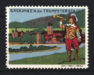 Reklamemarke Säckingen, Die Trompeterstadt, Trompeter mit Ortsansicht