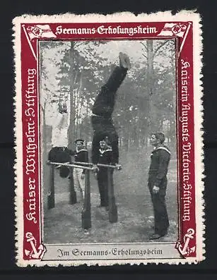 Reklamemarke Seemanns-Erholungsheim, Kaiser Wilhelm-Stiftung, Matrosen bei Turnübung am Barren