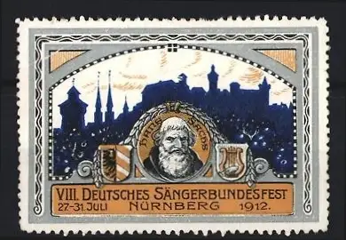 Reklamemarke Nürnberg, VIII. Deutsches Sängerbundesfest 1912, Ortsansicht mit Wappen und Porträt Hans Sachs