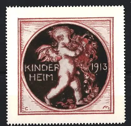 Reklamemarke Kinderheim 1913, Engel mit Blumengirlande