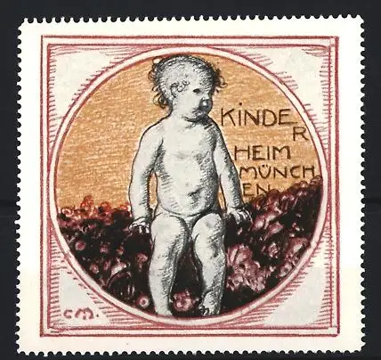 Reklamemarke München, Kinderheim München, Kind auf Blumenfeld