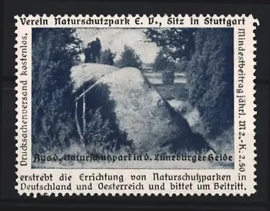 Reklamemarke Stuttgart, Naturschutzpark e.V., Lüneburger Heide, Landschaftsansicht