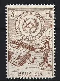 Reklamemarke Deutsche Bauhütte, Bautechnischer Verein, Baustein, Bauarbeiter mit Ziegelsteinen