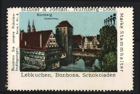 Reklamemarke Nürnberg, Lebkuchen Bonbons Schokoladen, Henkersteg