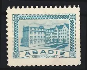 Reklamemarke Köln, Abadie Fabrik für Zigarettenblättchen, Gebäudeansicht 1933