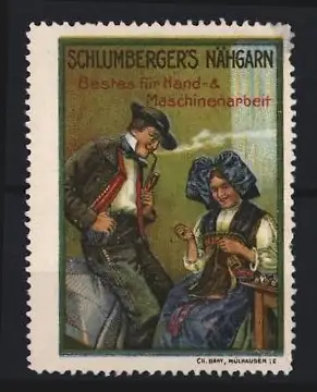 Reklamemarke Schlumberger`s Nähgarn, Paar in traditioneller Kleidung