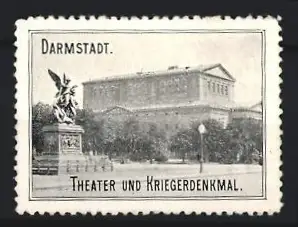 Reklamemarke Darmstadt, Theater und Kriegerdenkmal, Statue und Gebäude