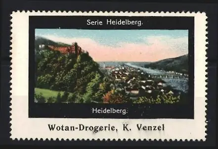 Reklamemarke Heidelberg, Wotan-Drogerie K. Venzel, Schloss und Ortsansicht