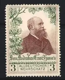 Reklamemarke Alldeutscher Wehrschatz, Dem Andenken Ernst Hasse`s, Eichenlaub und Porträt