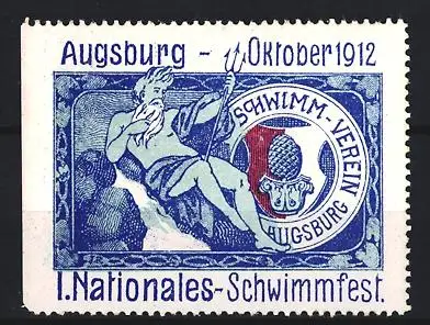Reklamemarke Augsburg, 1. Nationales Schwimmfest 1912, Schwimm-Verein-Augsburg, Poseidon mit Dreizack nebst Wappen