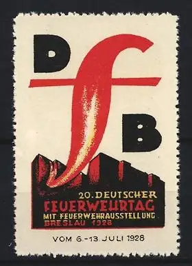 Reklamemarke Breslau - Wroclaw, 20. Deutscher Feuerwehrtag 1928, Flamme und Gebäude