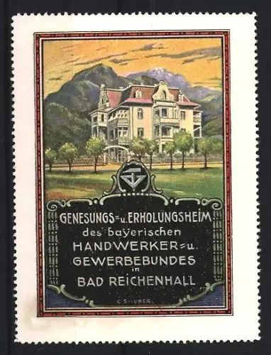 Reklamemarke Bad Reichenhall, Genesungs- u. Erholungsheim Handwerker & Gewerbebund, Villa mit Berg-Panorama