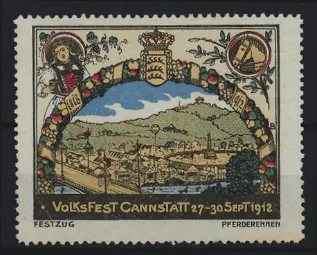 Reklamemarke Cannstatt, Volksfest 1912, Ortsansicht mit Festzug und Pferderennen