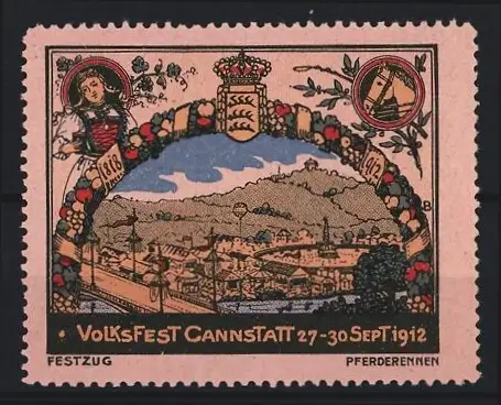 Reklamemarke Cannstatt, Volksfest 1912, Ortsansicht und Festzug