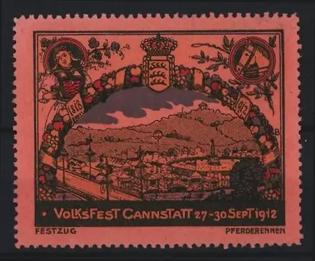 Reklamemarke Cannstatt, Volksfest 27-30 Sept 1912, Landschaft mit Festzug und Pferderennen