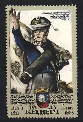 Reklamemarke Kelheim, 100 Jahre Befreiungskämpfe, Soldat mit Helm, 1913